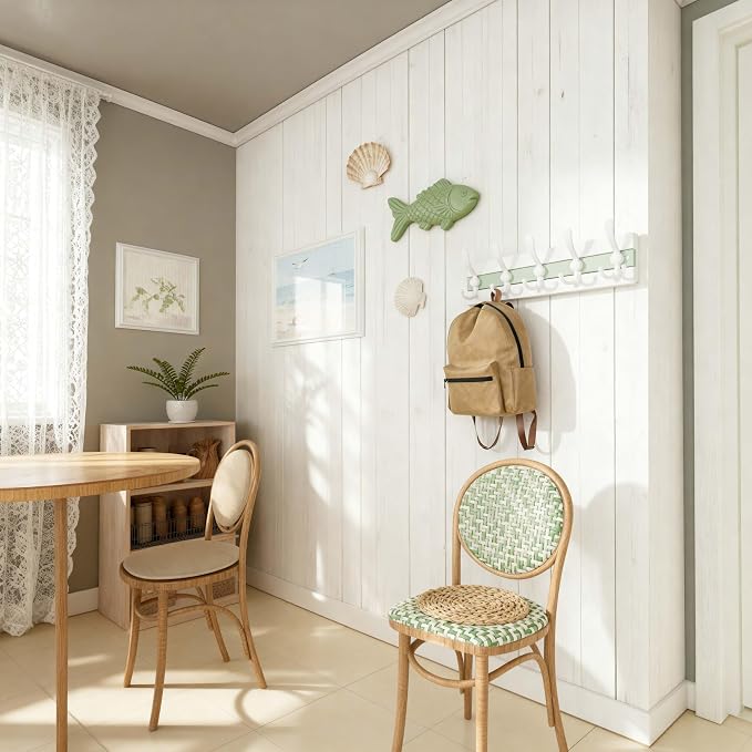 SKOLOO Coastal Wall Mounted Coat Rack - 16-7/8" Beach House Entryway Wooden Coat Hook with 5 Hooks for Hanging Coats, Hats or Towels, Oceanfront Cottage Core Collection, White & Green