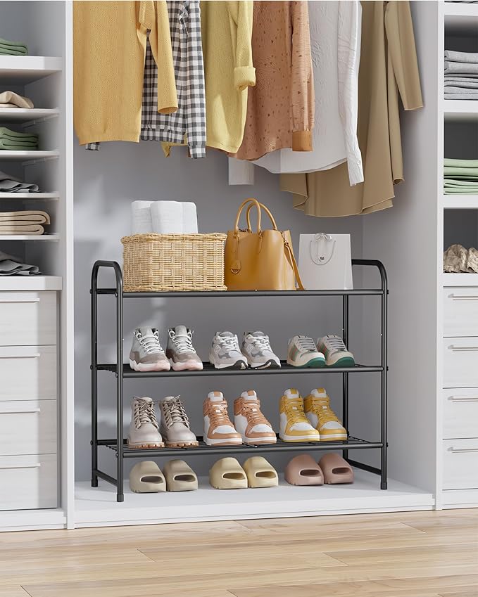 Kitsure Stainless Steel Shoe Rack Organizer, 25.6" Wide - 3 Tier, Black | Sturdy Shoe Rack for Closet and Entryway, Free Standing Shoe Shelf, Closet Organizers and Storage