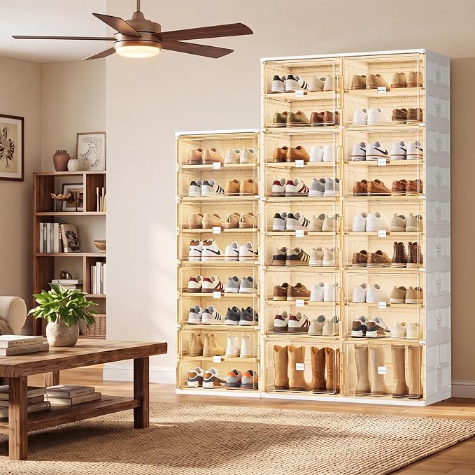 JEKO&JEKO 7 Tiers Foldable Boot and Shoe Storage Rack Cabinet for Closet Entryway, Large Collapsible Shoe Organizer with Magnetic Doors (White)