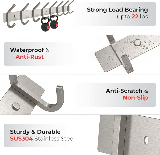 Coat Rack Wall Mount – Brushed Nickel 24 Inch Stainless Steel Hook Rail with 8 Heavy Duty Double Coat Hooks – Wall Mounted Coat Hanger for Entryway, Bathroom, Bedroom, Towel, Hat Organizer