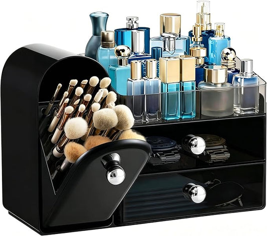 HBlife Makeup Organizer Countertop with Drawers, Vanity Organizers with Brush Holder, Bathroom Counter Organizer for Perfume, Nail Polishes, Lipsticks, Skincare and Eyeshadow Palettes, Black Silver