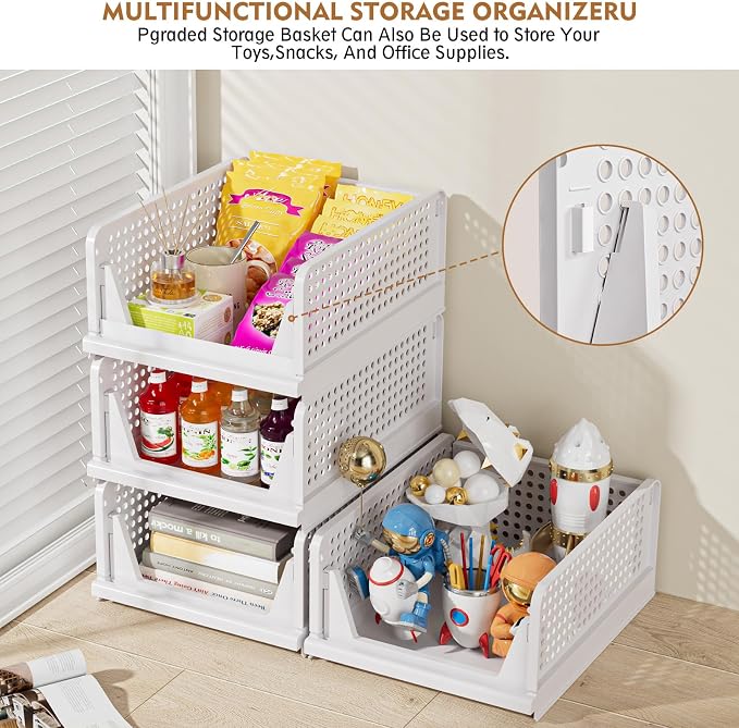 SNSLXH 8 Pack Stackable Closet Storage Bins, Multifunctional & Foldable Closet Organizers and Storage for Bathroom Kitchen Laundry Room Drawer Shelf Storage, Space-Saving Wardrobe Organizer, White