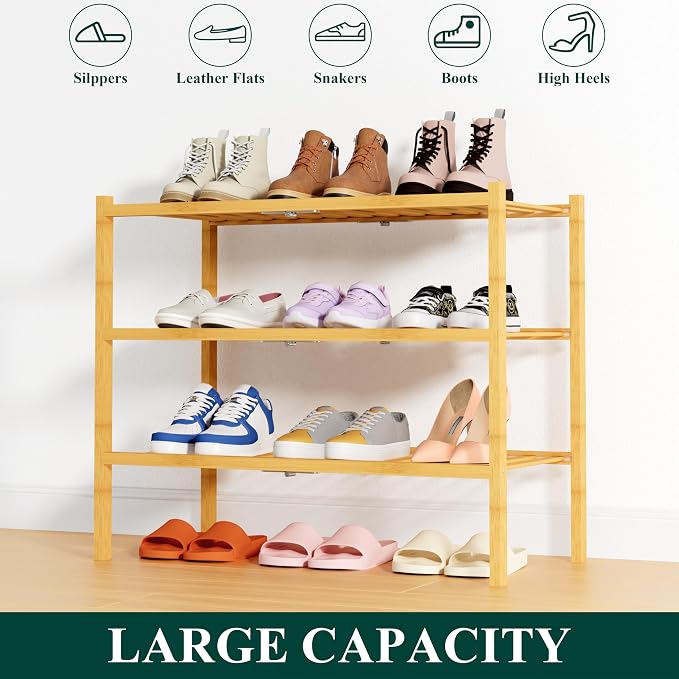Smiry Bamboo Shoe Rack, 14 Vertical Slats, 3 Tier - 26.8" Wide, Natural | Stackable Free Standing Wooden Shoe Organizer, Wood Shoe Storage Shelf for Closet, Entryway, Thicher Leg
