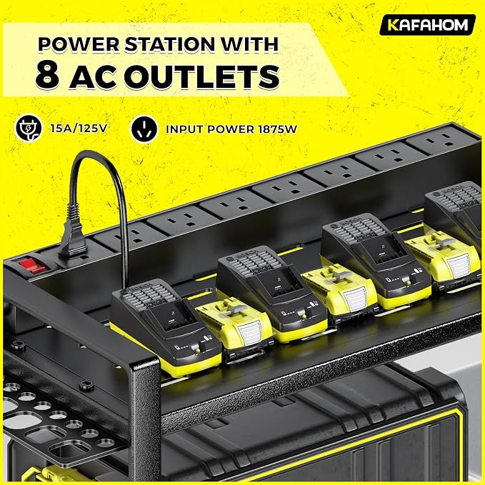 Power Tool Organizer with Charging Station.Garage 8 Drill Holder Built in 8 Outlets Power Strip,Tool Storage Shelf Wall Mount,Tool Battery Organizer with Screwdriver/Hammer/Air Tool Rack