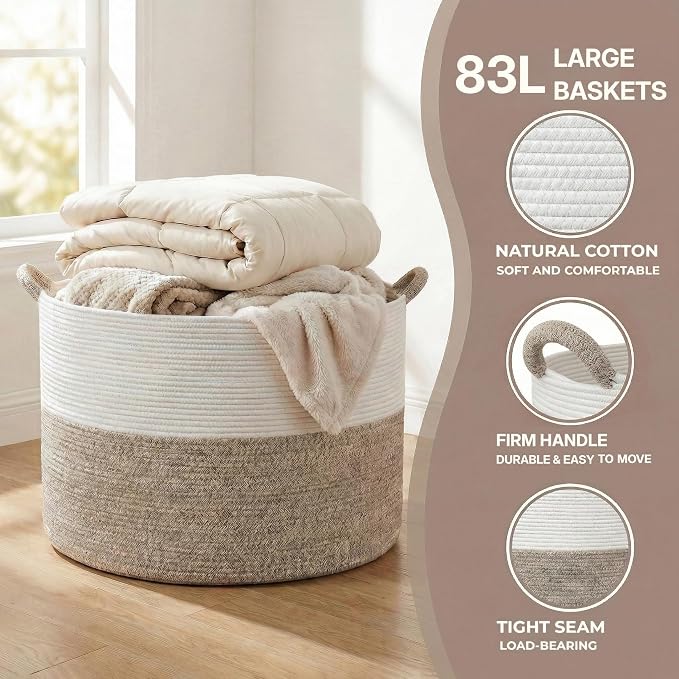 XXXL Large Blanket Basket for Living Room, 21.7" x 13.8" Woven Cotton Rope Laundry Hamper for Pillows, Towels & Toy Storage - Decorative Round Storage Basket with Handles for Nursery, Baby & Dog Toys