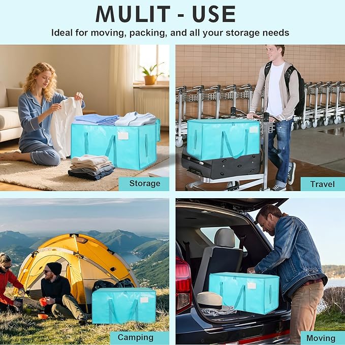 6 Pack-Extra Large Heavy Duty Moving Bags - Waterproof Storage Totes with Handles & Zippers, Foldable for College Dorm, Storage (lake blue)