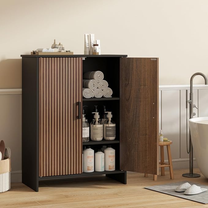 Bathroom Storage Cabinet, Floor Cabinet with 2 Fluted Doors and 2 Adjustable Shelves Wooden Freestanding Organizers and Storage, Black