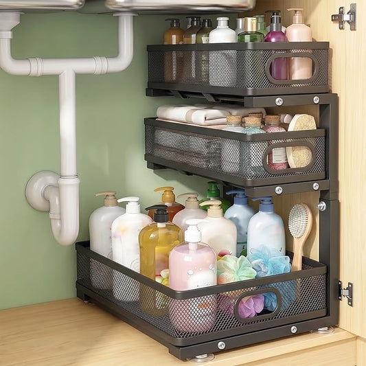 Under Sink Organizer, 3-tier Under Sink Storage Organizer Adjustable Height Easy Assembly Pull Out Cabinet Organizers Basket for Bathroom Kitchen Pantry Home Organization