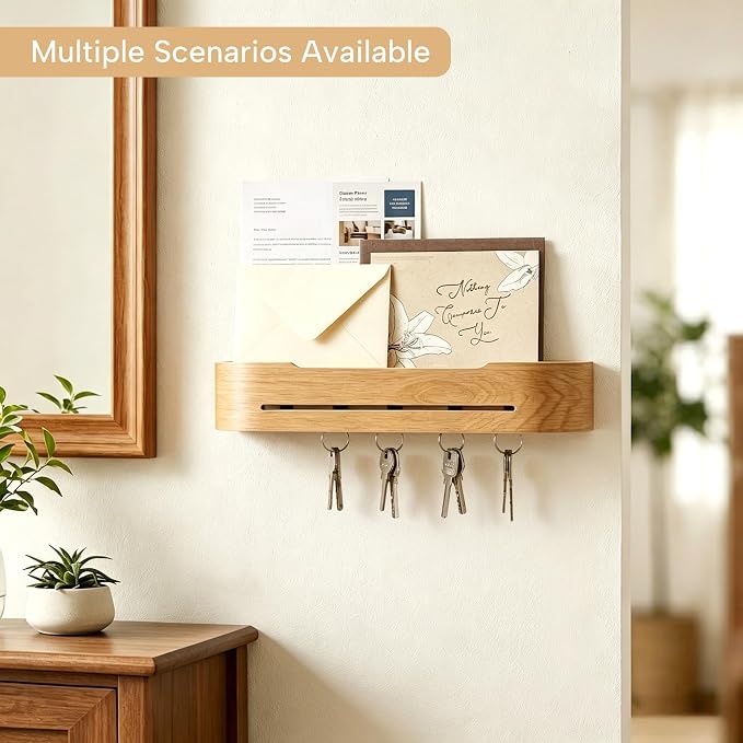 Key Holder Wall Mount with 5 Hidden Hooks Minimalis Key Hanger Rack Wood Modern Hollow Key Hook Mail Organizer Tray Shelf Home Decor for Entryway Furniture