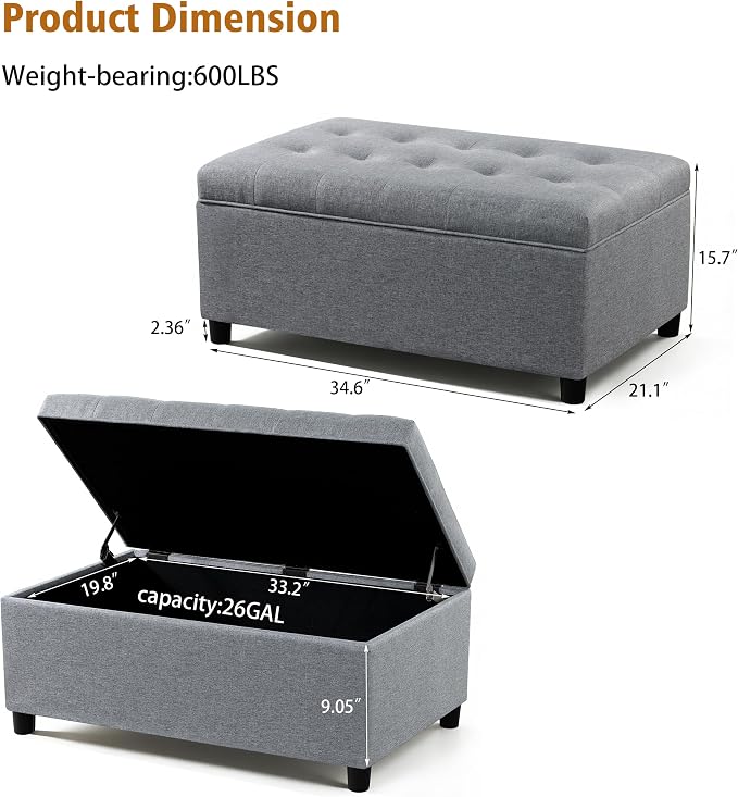 Joveco Rectangular Lift Top Storage Ottoman Bench,Linen Storage Bench for Living Room Entryway Bedroom,Linen Gray