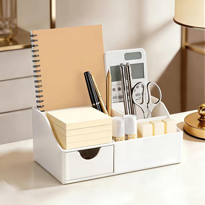 HBlife Acrylic Desk Organizer with Drawer, Pen & Pencil Holder, Multifunctional Desktop Caddy for Office Supply and Organization (White)