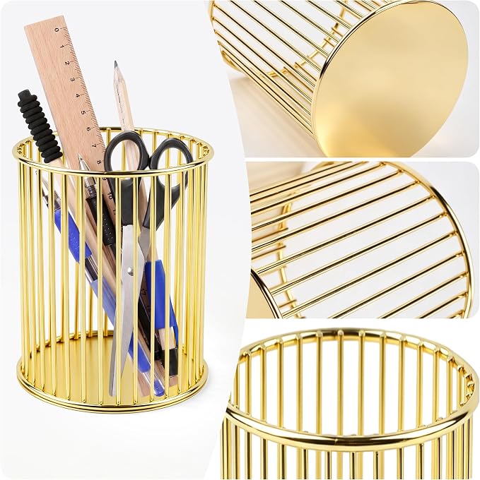 Gold Desk Accessories Set 3-in-1: Metal Business Card Holder & Pen Cup,Cell Phone Stand - Aesthetic Office Decor for Women - Metal Pencil Holder & Phone Holder for Desk Organizer