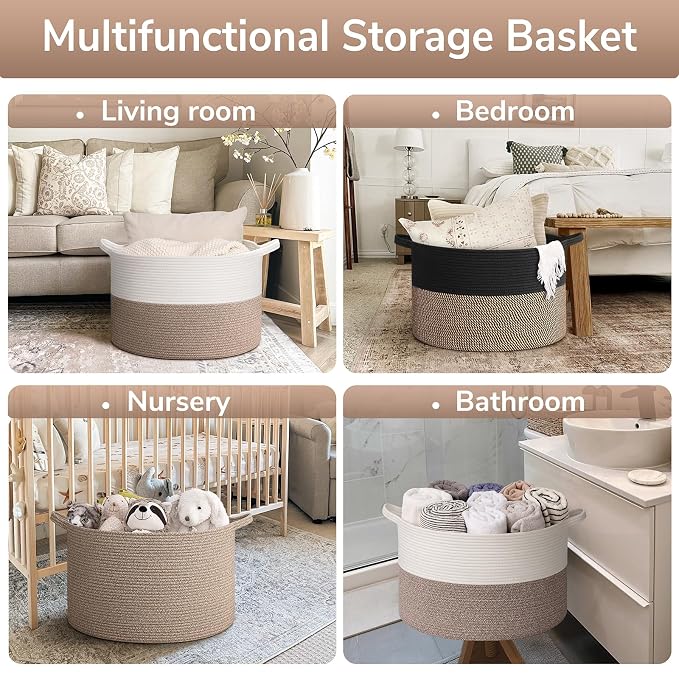 Goodpick Large Wicker Basket for Blankets, Baby Toy Storage Basket, 65L | 19.7 x 19.7 x 12.6 In Baby Storage Basket for Nursery, Blanket Basket for Living Room, Laundry Basket for Towels, All Brown