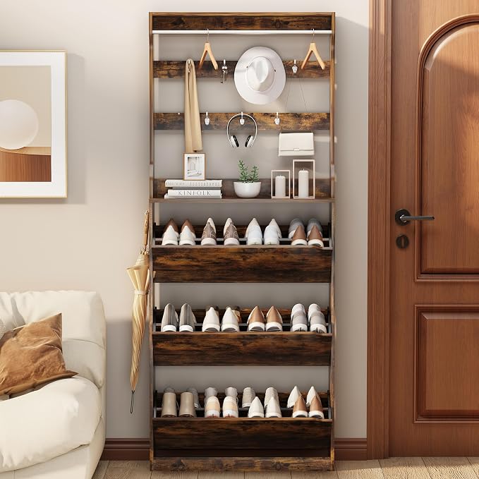 Shoe Cabinet for Entryway with 3 Flip Drawers, Brown Tall Wood Shoe Storage Cabinet with Coat Rack, Narrow Hidden Slim Freestanding Shoe Rack Organizer, 2 in 1 Hall Tree for Living Room, Hallway