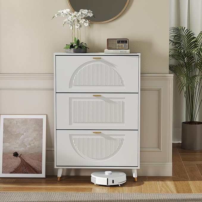 Narrow Shoe Cabinet Storage for Entryway: Cabinet Shoe Rack Organizer, White Shoes Cabinets with 3 Flip Drawers, Modern Shoes Storage Entryway for Front Door Entrance (1 Piece, 32")