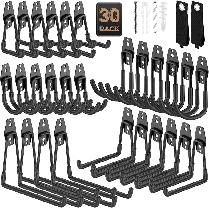 Heavy Duty Garage Hooks for Storage & Hanging Items, 30-Pack | for Hanging Bikes, Hoses, Ladders, Ropes, Garden Tools; for Garage, Warehouse, Yard, Shed