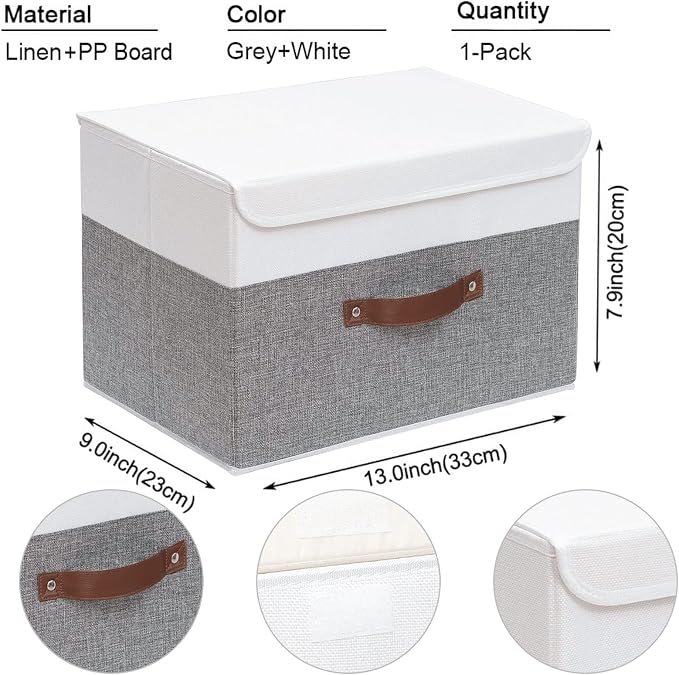 Yawinhe Collapsible Storage Bins,White/Grey,13.0x9.0x7.9in,1-Pack | Fabric Storage Box with Lids, Washable Cube Organizer Basket; Fabric Container with Leather Handle,Closet Organizer for Home