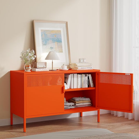Metal Storage Cabinet with 2 Doors & Adjustable Shelves, Orange | 25"H Accent Cabinet, Metal Locker Storage Cabinets, TV Stand Cabinet for Home, Office, Living Room, Entryway