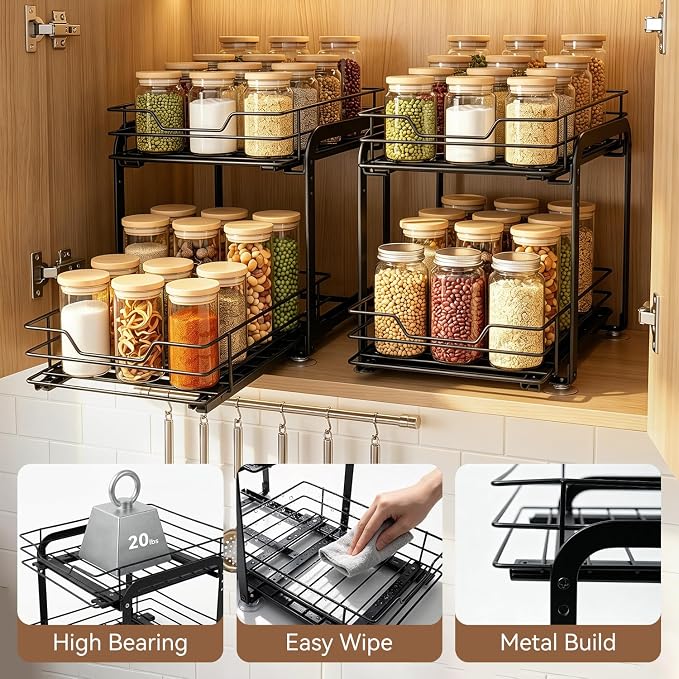 Spice Rack Organizer for Kitchen, Pull Out Spice Racks for Inside Cabinets, 2 Tier Spice Shelf Organization for Cabinet Seasoning, No Drilling Install for Home Kitchen Space Saving, 1 Pack