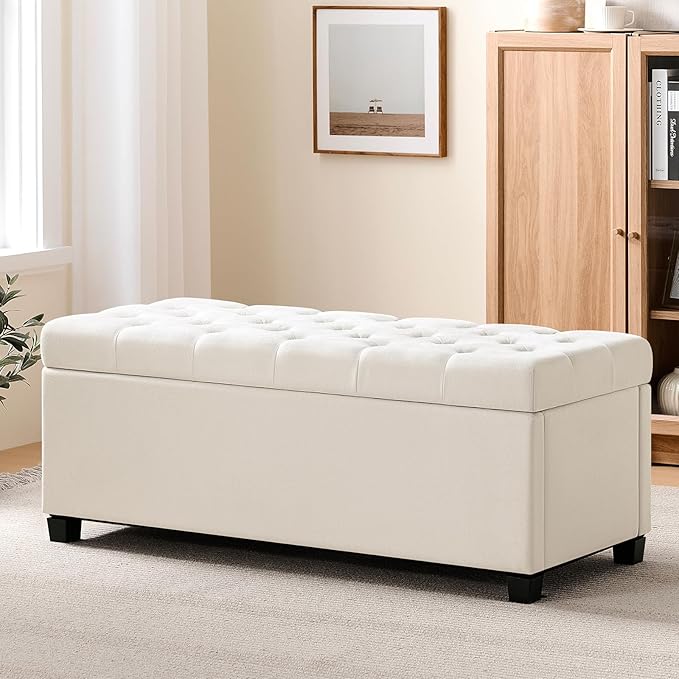 Living&Giving Storage Ottoman Bench for Bedroom, 47.2", Ivory | 47.2-inch storage ottoman with safety hinge, tufted upholstered seat and spacious hidden storage for everyday organization.