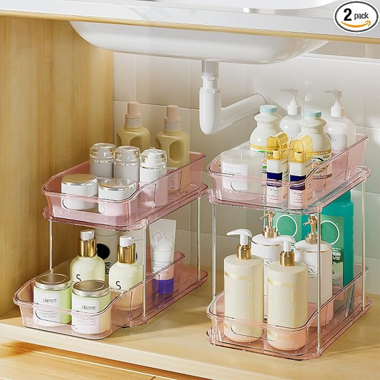 Delamu 2-Tier Under Sink Organizers and Storage, Multi-Purpose Stackable Bathroom Cabinet organizers, Pull Out Kitchen Pantry Organization and Storage with Dividers(2 Pack, Pink)