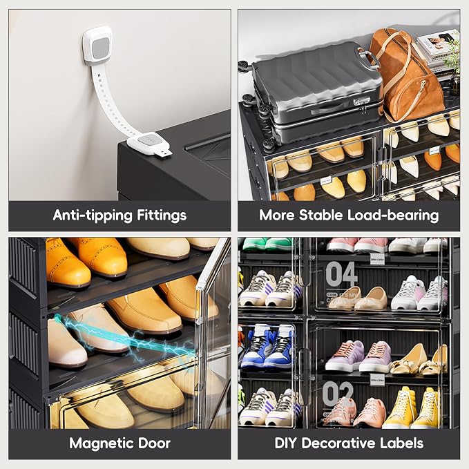 JEKO&JEKO 6 Tiers 12 Pairs Portable Shoe Organizer Storage Boxes with Magnetic Door, Folding X-Large Shoe Rack Free-Standing for Closet Entryway, Sneaker Storage Cabinet Fits US Size 12 (Black)