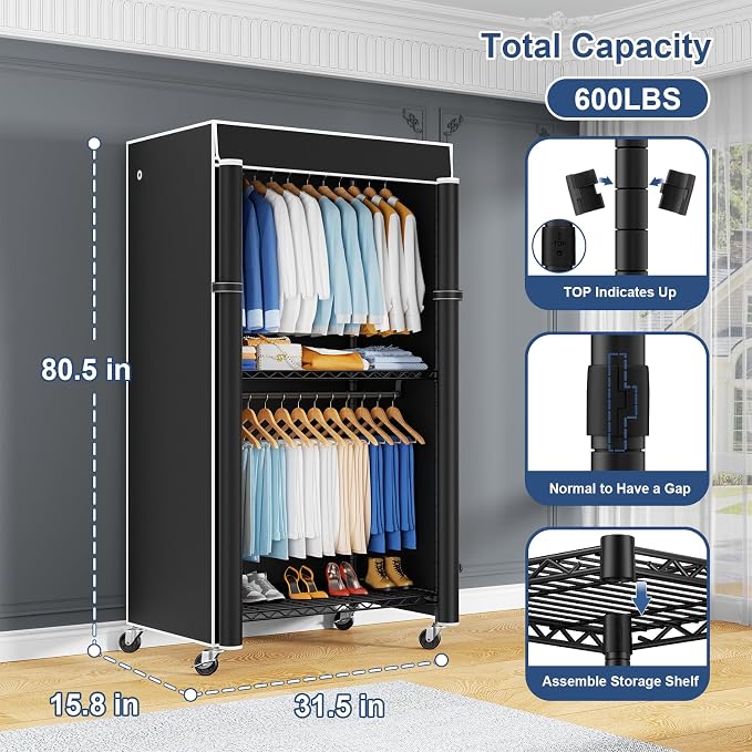 ULIFHOME P8C Heavy Duty Clothes Rack（With Extended Width Design） Rolling Clothing Racks for Hanging Clothes with Lockable Wheels，31.5" W x 15.8" D x 80.5" H，Max Load 600LBS，Black Rack with Black Cover