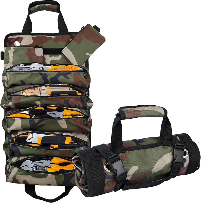 Portable Foldable Roll Up Tool Bag, Heavy Duty Tool Organizer Bag with 5 Compartments & 2 Detachable Pouches for Tools Storage, Waterproof Tool Roll Bag for Dad Men Electrician Gifts