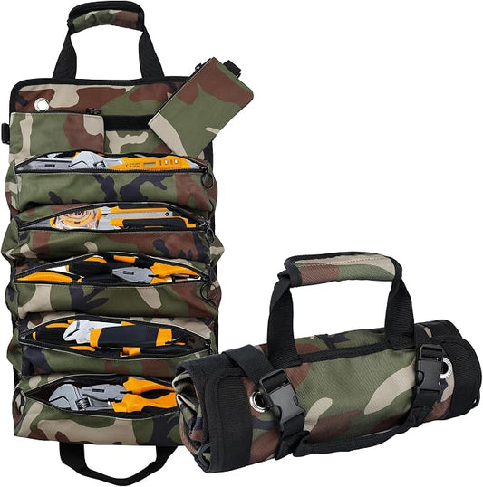 Portable Foldable Roll Up Tool Bag, Heavy Duty Tool Organizer Bag with 5 Compartments & 2 Detachable Pouches for Tools Storage, Waterproof Tool Roll Bag for Dad Men Electrician Gifts