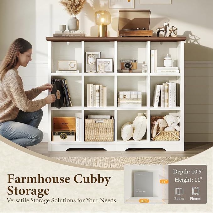 OffiGo 12 Cube Organizer Bookcase, Cube Shelf with Storage, Walnut + White | Modern Farmhouse Design, Open Cube Storage for Books & Decor, Display Shelf, Living Room, Bedroom, Home Office, Entryway