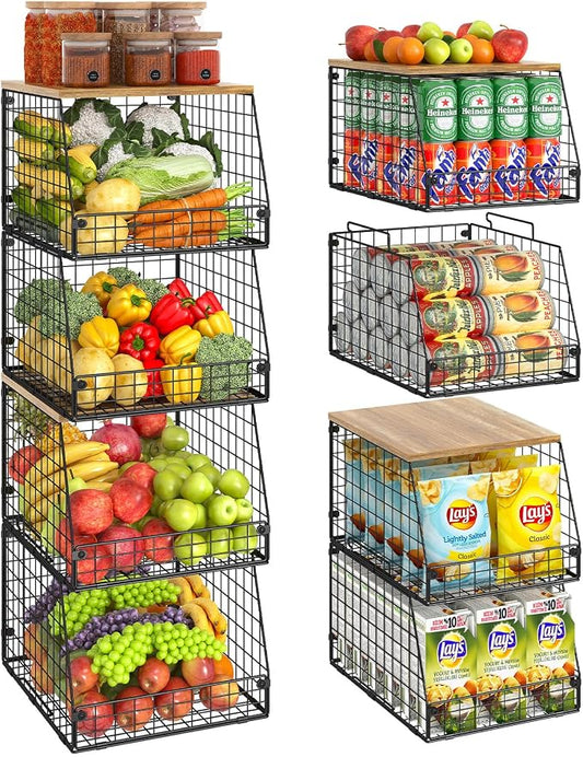 Jakyitvi 4 Pack Stackable Wire Baskets with Fixed Wooden Top, Vegetable Fruit Storage Bins for Onion Potato Snack, Pantry Baskets for Kitchen Cabinet Countertop, Pantry Organizers and Storage Rack