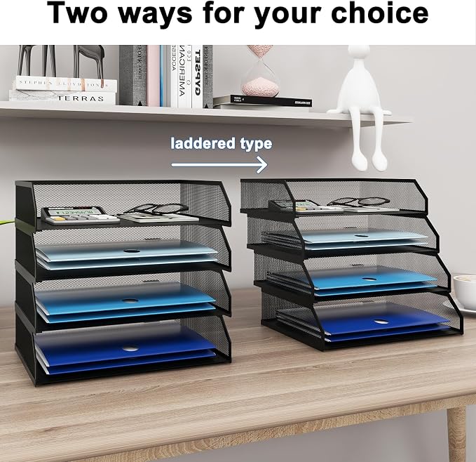 Natwind 4-Tier Stackable Metal Mesh Paper Organizer with Sliding Tray,Black | Desk Organizer for Office Supplies, Letter Tray For Desktop,File Holder For Home School Classroom Organization