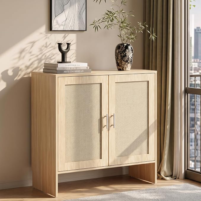 DHZ Buffet Cabinet with Storage, Farmhouse Sideboard Storage Cabinet with Rattan Doors & Adjustable Shelf, 31.5" Narrow Coffee Bar Cabinet, Kitchen Storage Cabinet, Entryway Accent Liquor Cabinet