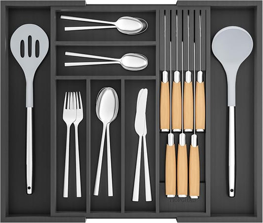 Expandable Bamboo Silverware Drawer Organizer Kitchen Tray, Black | Removable Knife Block, Holds 7 Knives, Adjustable Dividers, 12.6-21.45 x 16.3 x 2.13 in, Drawer Insert for Utensils, Forks