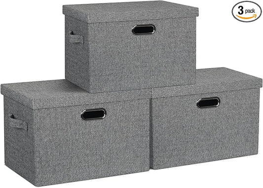 Storage Bins with Lids Fabric Closet Organizers Cubes Office Organization | 36 Quart 3 Pack Black and White Mix Collapsible Stackable Linen Fabric 4 Handles Bedroom Closet Cabinet Under Bed Clothes Toy