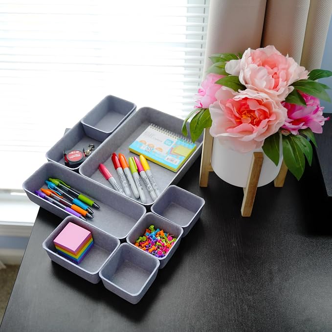 Welaxy Minimalist 8pc Felt Desk Drawer Organizer Glacier Gray Bins