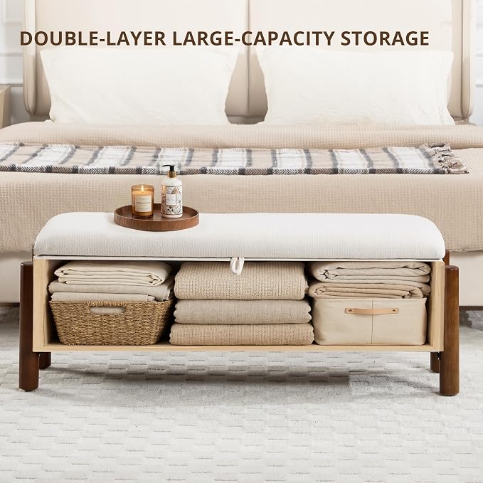55'' Modern Storage Ottoman Benches | Walnut Wood Legs 26 Gallons Storage Space Fabric Upholstered Seating End of Bed for Bedroom Livingroom White