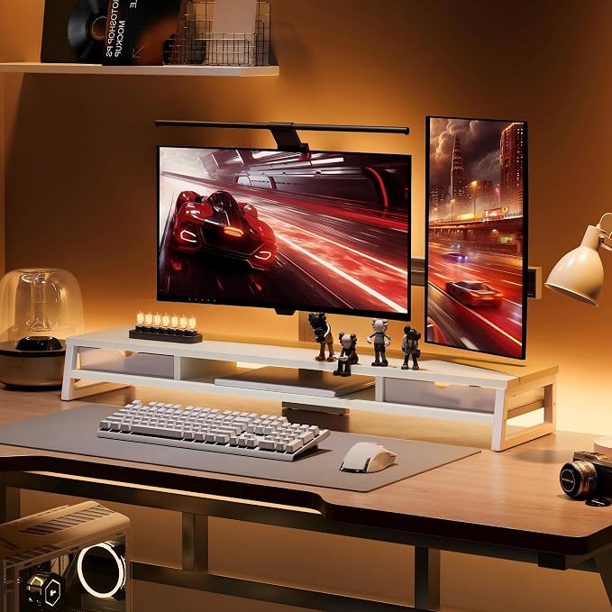 Fenge Dual Monitor Stand Riser, 42.5in Desk Shelf with 2 Drawers, White | 2-Tier Monitor Shelf for Desk, Storage Drawer with Stopper, Frosted, fit Home Office, Ultrawide Screen, PC, Laptop, TV