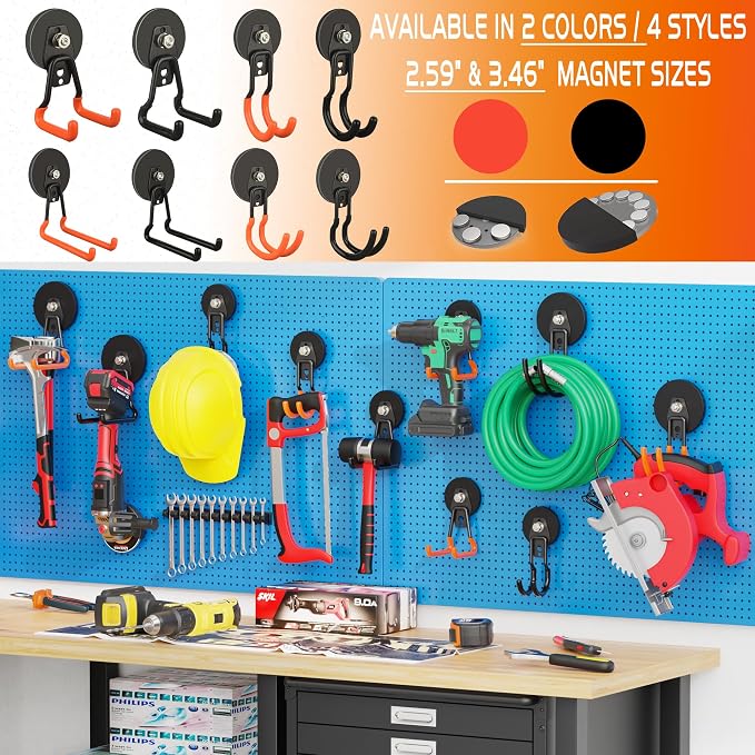 ULIBERMAGNET New Upgraded Garage Strong Magnetic Hooks, 4 Pack Heavy Duty Large J Hooks with Magnet, Anti-Slip Coating Magnet Hooks for Garden Tools, Ropes,Drill