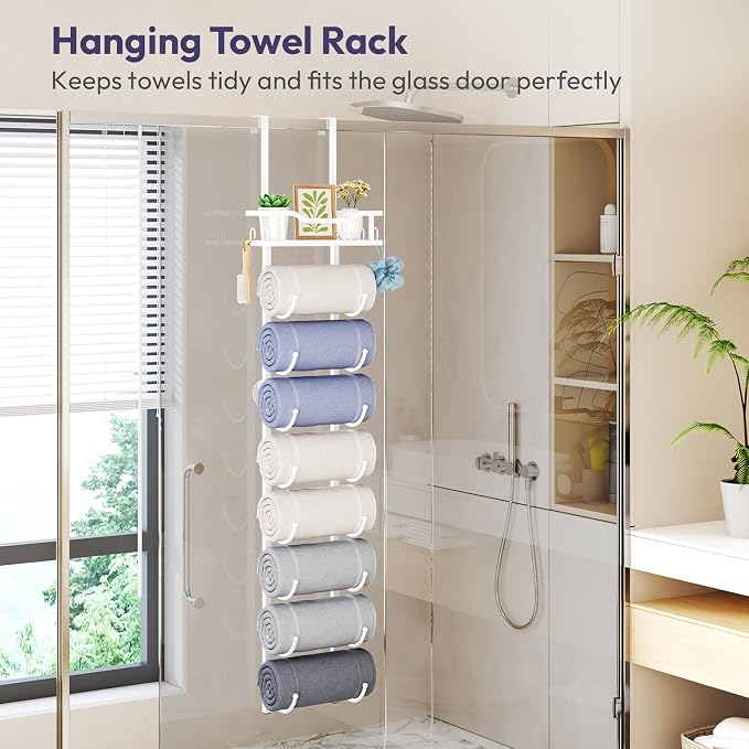 SWTYMIKI Over the Door Towel Rack - 9 Tier Towel Racks for Bathroom Wall Mounted, Towel Holder with Shelf, Hanging Rolled Towel Storage Organizer for Small Bathroom, Camper, RV, White