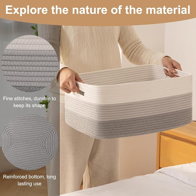 OIASKET Large Storage Basket for Organizing, Woven Rope Basket for Shelves, Closet Organizer Bins for Clothes, Blanket, Toys, Baby Nursery Storage, 17.7" x 13" x 7.87", 3 Packs Gradient Grey