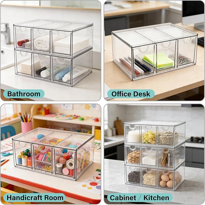 Prsildan Craft Art Supply Organizer Stackable Storage Drawer with 9 Drawers | Clear Acrylic, Tea Bag K Cup Organizer, for Kitchen Office Desk Vanity Makeup Organizer, 3 Pack