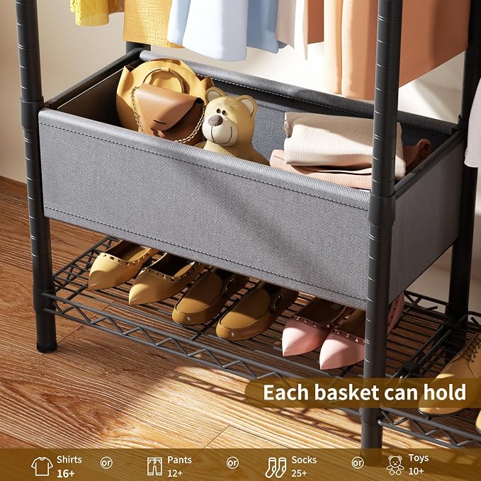 Golpart Heavy Duty Clothes Rack Metal Wardrobe with Adjustable Wire Shelves | Closet Organizers and Storage Clothing Rack Metal System Freestanding Hanging Clothes System Free Standing Garment Coat Racks