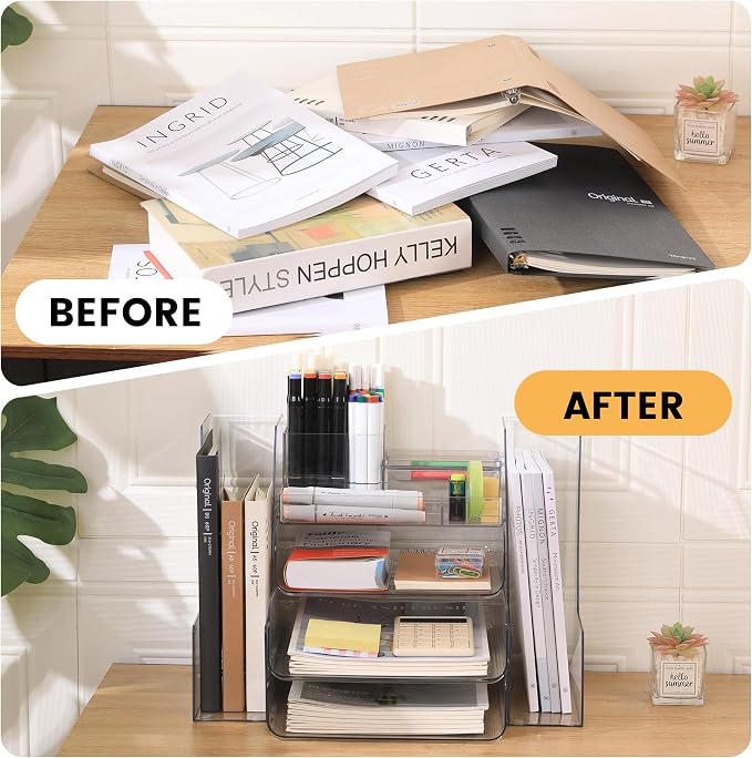 CiWiVOKi Desk Organizer with 2 Vertical File Holder, 4 Tier Stackable Paper Letter Tray File Organizer with 5-Compartments Pen Holder, Clear Desktop Organizer Office Organization and Storage