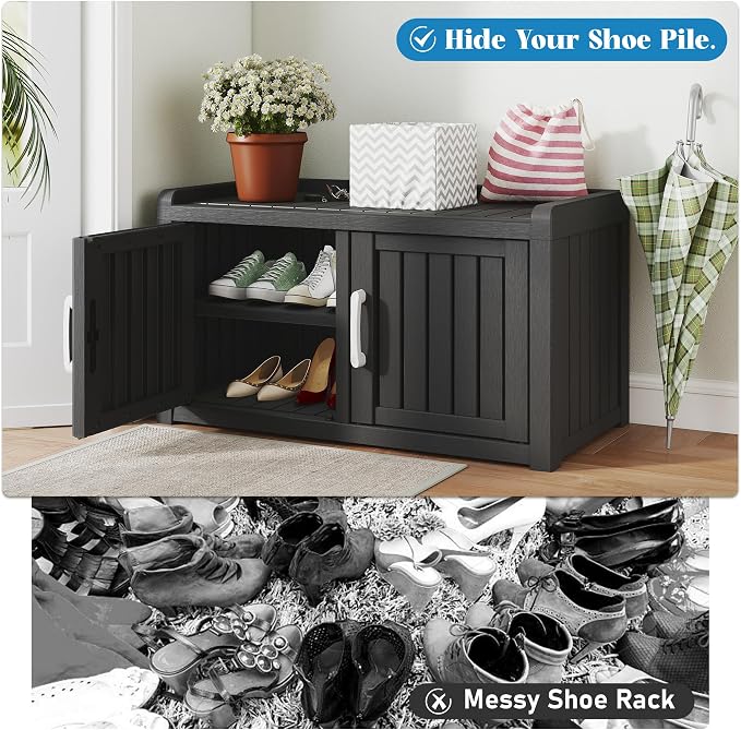 Outdoor Shoe Storage Cabinet, Waterproof UV-Resistant Entryway Storage Bench Indoor Outdoor with 2 Barn Doors, Adjustable Shelves for Entryway, Bedroom, Hallway,Living Room(Black)
