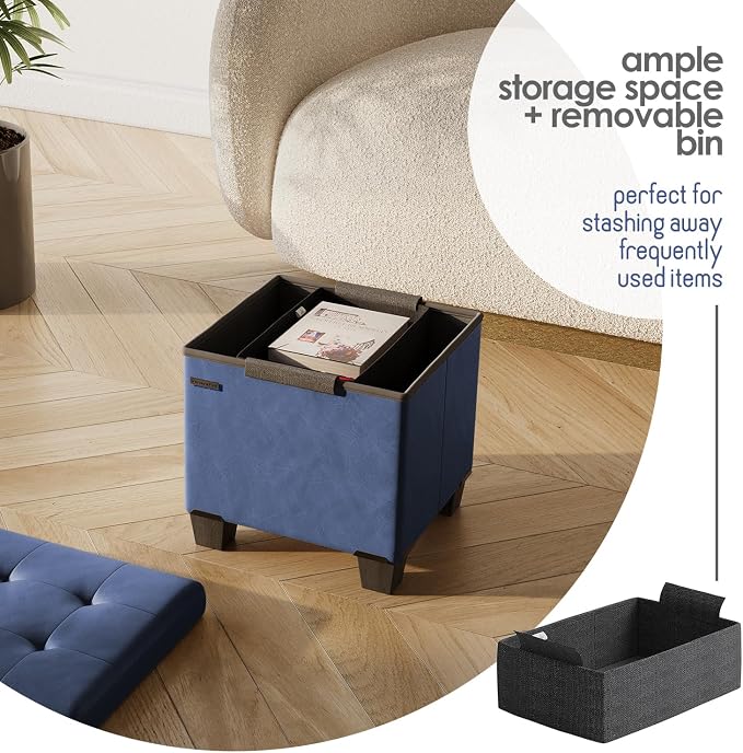 Storage Ottoman Cube with Small Bin, 15-in Square Ottoman with Storage for Living Room and Bedroom, Small Ottomans Foot Rest, Leather Foot Stools Ottomans Max 330lbs, Blue