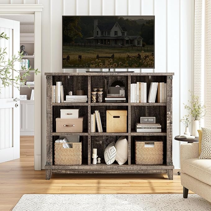 EnHomee Farmhouse 9-Cube Storage Organizer for Living Room, Black Oak | Home Organization Lovers, Wood & Metal, Holds 386 Lbs, Anti-Tip & Stabilizers