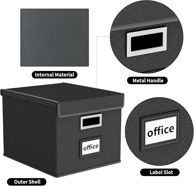 File Organizer Box with Lids, Collapsible File Folder Organizer | File Box with Plastic Slides for Office Document Storage, Filing Bin for Letter Size Hanging File Folders (4 Pack, Black)
