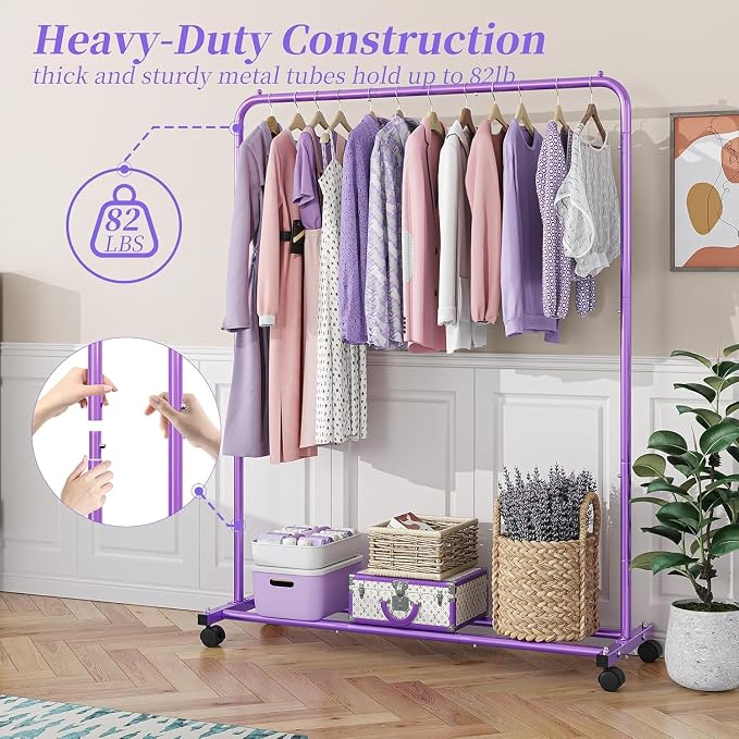Simple Trending Standard Clothes Clothing Garment Rack with Storage Shelves, Rolling Clothes Organizer on Wheels for Hanging Clothes, Purple