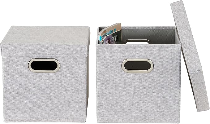 Household Essentials 804-1 Café Cube Bin Storage Set with Lids and Handles | 16 Pack | Silver Linen